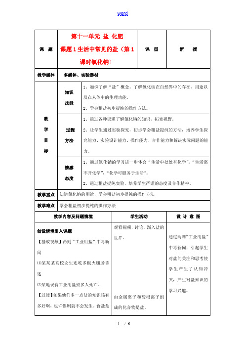 九年级化学下册 11.1生活中常见的盐教案(1)人教新课标版