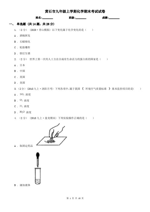 黄石市九年级上学期化学期末考试试卷