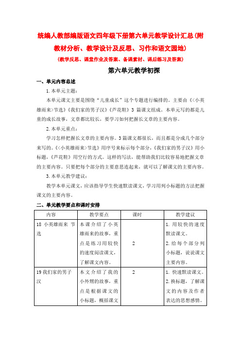 统编人教部编版语文四年级下册第六单元教学设计汇总(附教材分析、教学设计及反思、习作和语文园地)