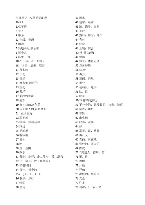 打印牛津英语7A单元词汇表