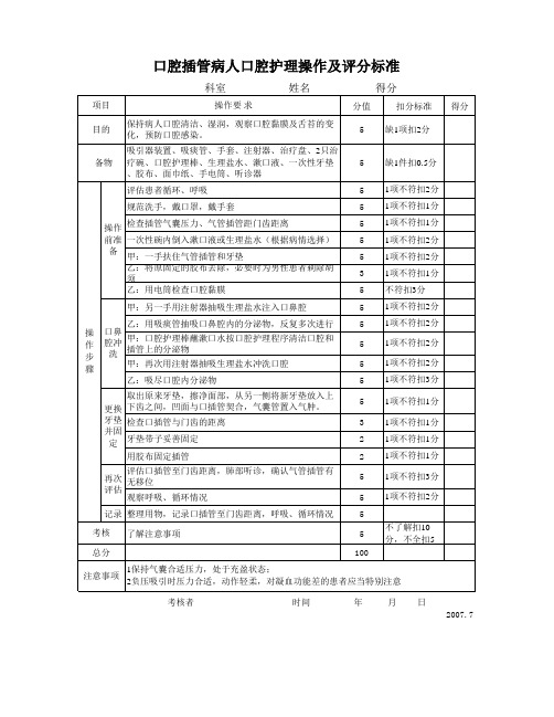 4：口腔护理操作评分