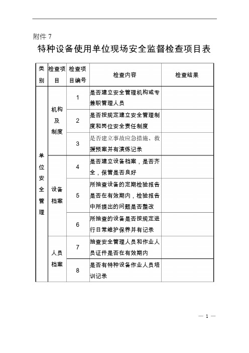 特种设备使用单位现场安全监督检查项目表