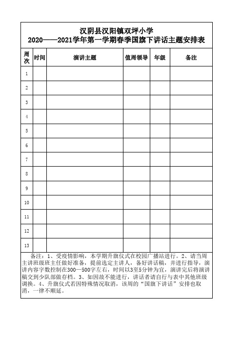 汉阳镇双坪小学2020年春季国旗下讲话主题安排表