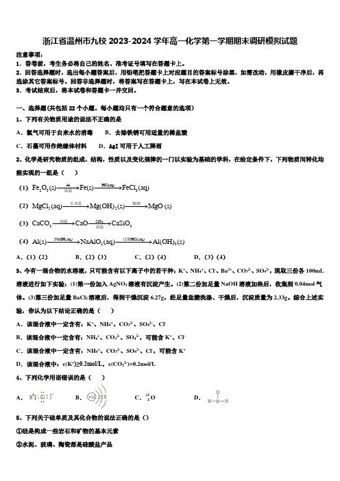 浙江省温州市九校2023-2024学年高一化学第一学期期末调研模拟试题含解析