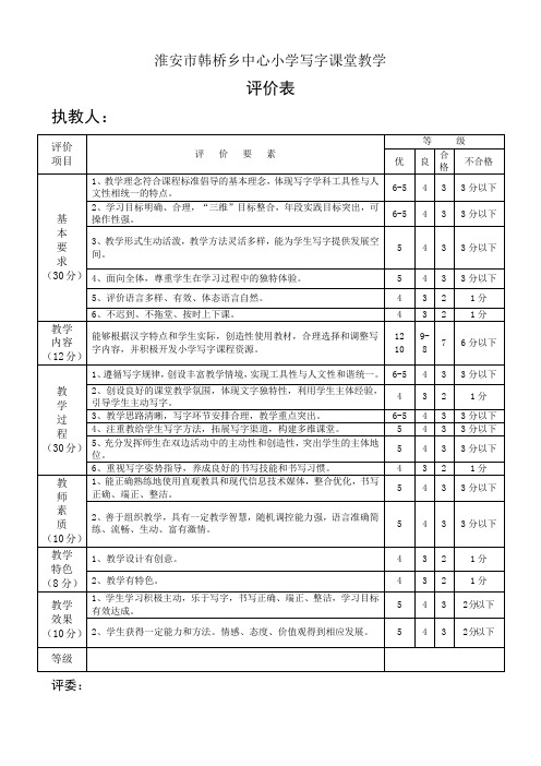 写字课堂教学评价量表