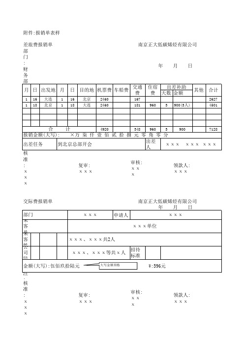 费用报销单表样