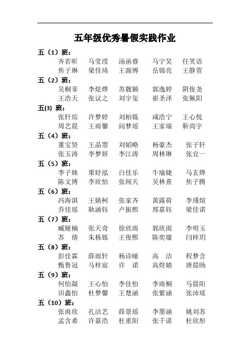 五年级优秀暑假实践作业名单