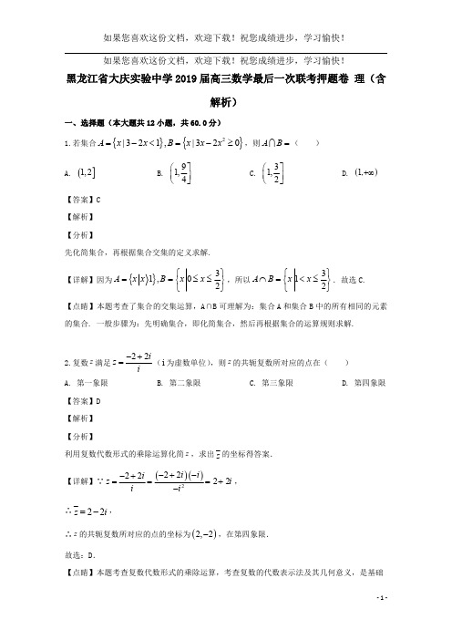 黑龙江省大庆实验中学2019届高三数学最后一次联考押题卷理(含解析)