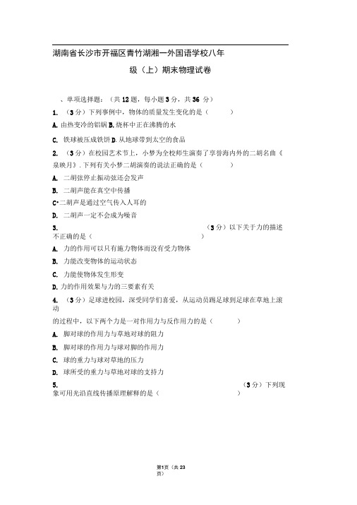 湖南省长沙市开福区青竹湖湘一外国语学校八年级(上)期末物理试卷(Word有解析)