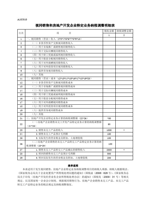 A105010《视同销售和房地产开发企业特定业务纳税调整明细表》