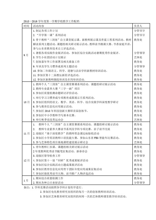 2018—2019学年度第一学期学校教学工作配档