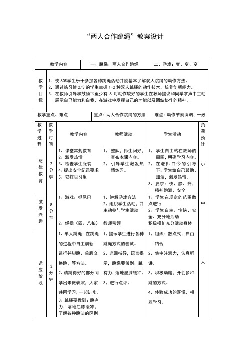 体育人教五～六年级五年级两人合作跳绳教案