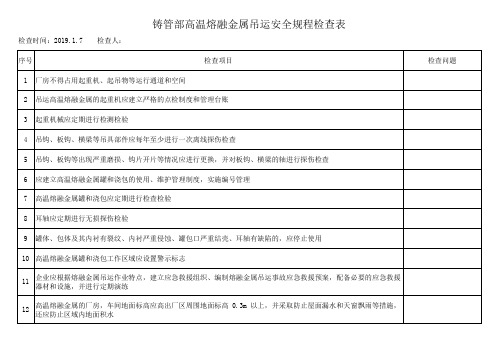 熔融金属吊运安全规程检查表