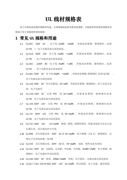 美国UL线材规格表2019