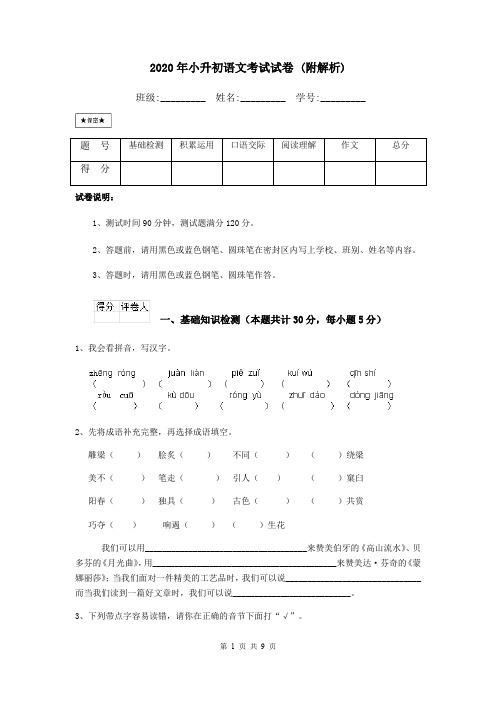 2020年小升初语文考试试卷 (附解析)