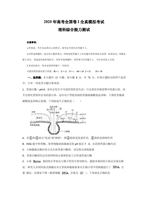 2020年高考全国卷I全真模拟考试理科综合试题及答案