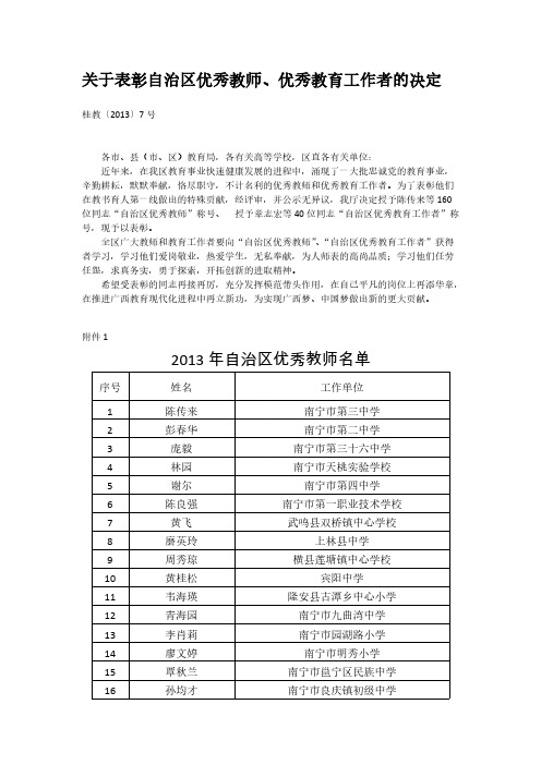 【免费下载】关于表彰 自治区优秀教师优秀教育工作者的决定