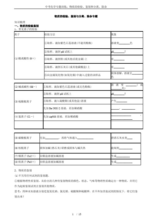 中考化学专题训练：物质的检验、鉴别和分离、除杂