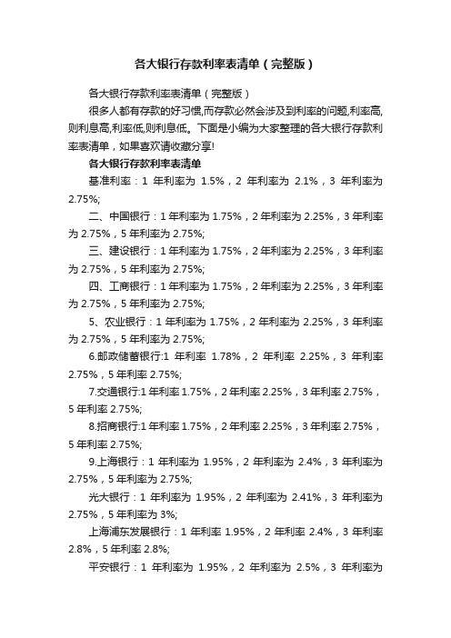 各大银行存款利率表清单（完整版）