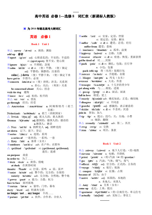 高中英语 必修1---选修8 词汇表(新课标人教版)