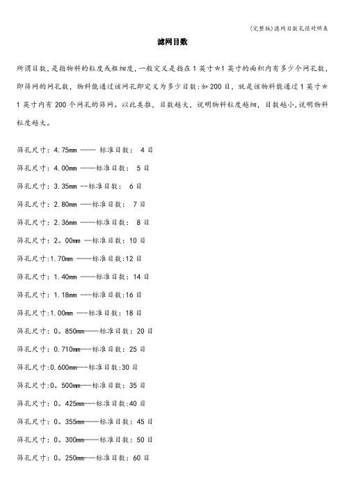 (完整版)滤网目数孔径对照表