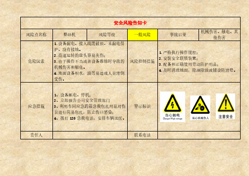 轻纺企业安全风险告知卡