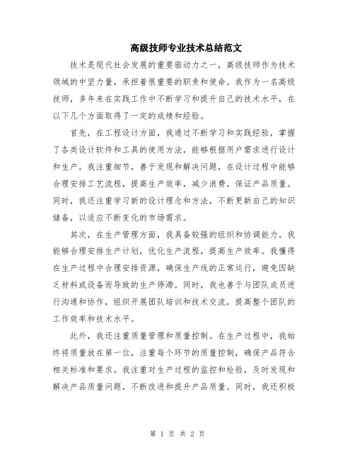 高级技师专业技术总结范文