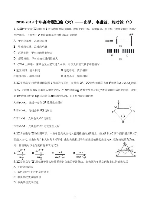 2010-2019十年高考题汇编(6)光学 电磁波 相对论(一)