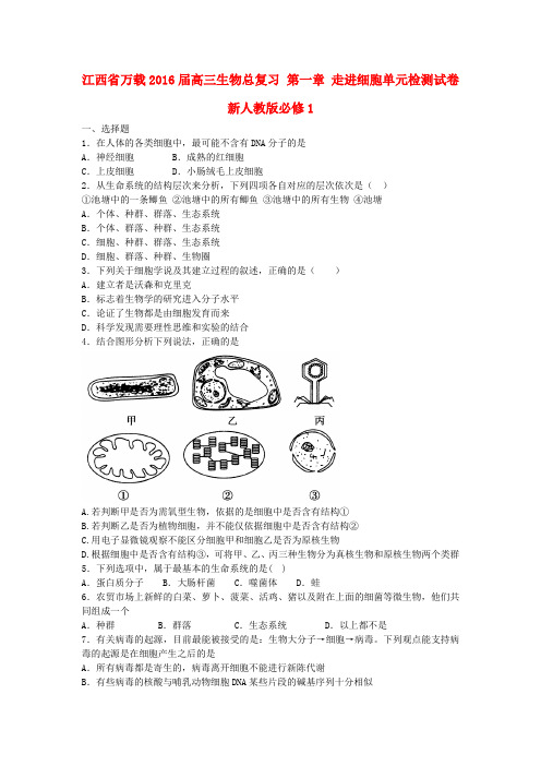 江西省万载2016届高三生物总复习第一章走进细胞单元检测试卷新人教版必修1