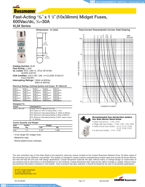 美国BUSSMANN KLM系列低压熔断器选型手册,datasheet,规格资料,图纸,尺寸图,时间电流曲线图,说明书.