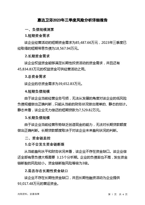 603385惠达卫浴2023年三季度财务风险分析详细报告