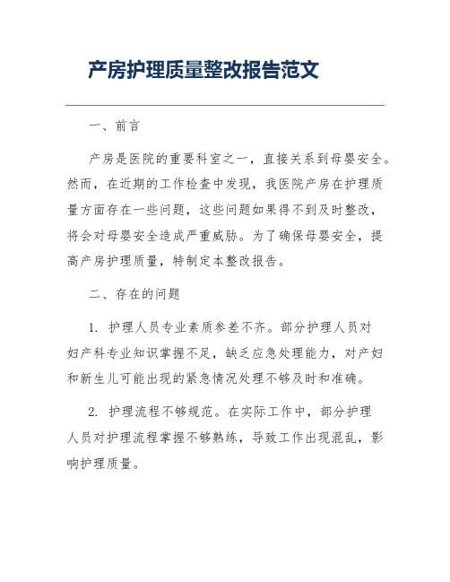 产房护理质量整改报告范文