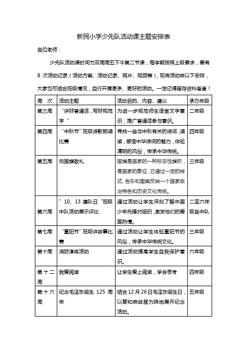 少先队活动课主题安排表