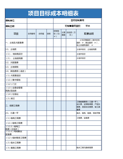 项目目标成本明细表