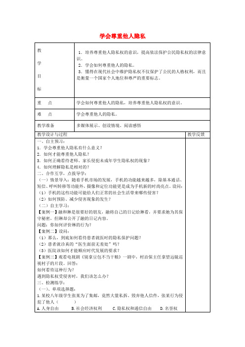 江苏高邮市八桥镇初级中学八年级政治下册 第17课 学会尊重他人隐私(第二课时)教案 苏教版