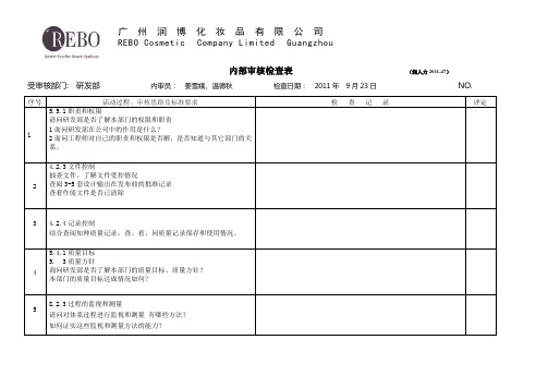 研发部内部审核检查表