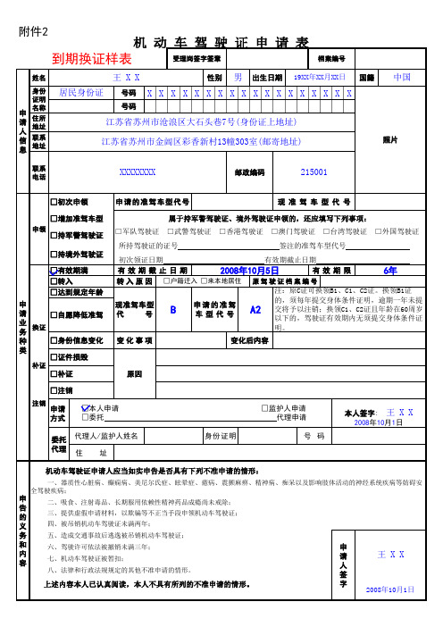 机动车驾驶证申请表(到期换证样表)