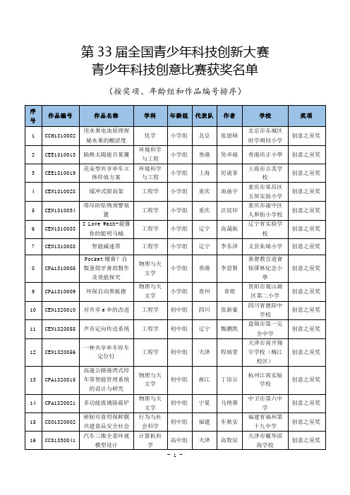 第33期全国青少年科技创新大赛青少年科技创意比赛获奖清单