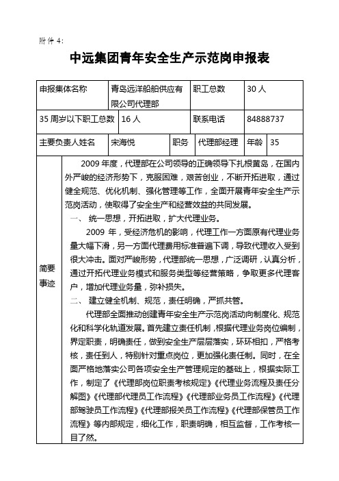 中远集团青年安全生产示范岗申报表