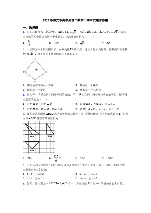 2019年泰安市高中必修二数学下期中试题含答案