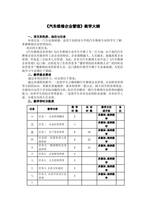 《汽车维修企业管理》教学大纲