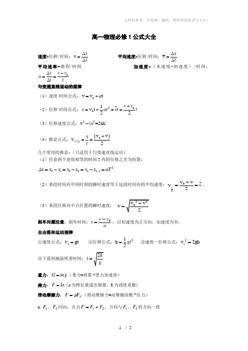 高一物理必修1公式大全