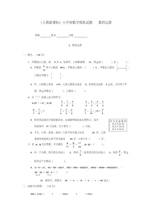 人教版六年级数学小升初专题练习：数的运算