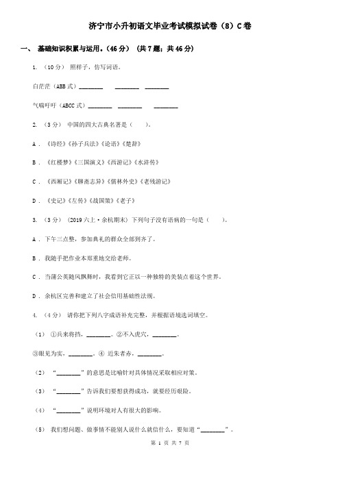 济宁市小升初语文毕业考试模拟试卷(8)C卷