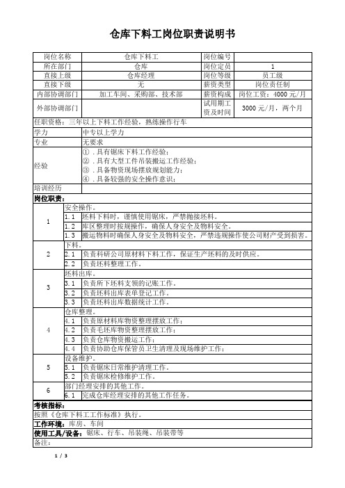 下料工岗位职责说明书(1)