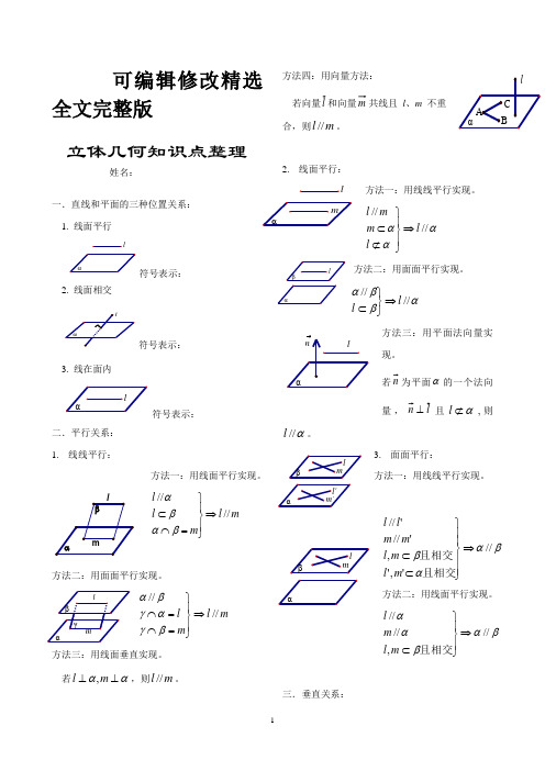 高中立体几何基础知识点全集精选全文完整版