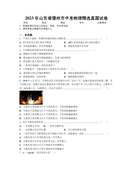 2023年山东省德州市中考物理精选真题试卷及解析