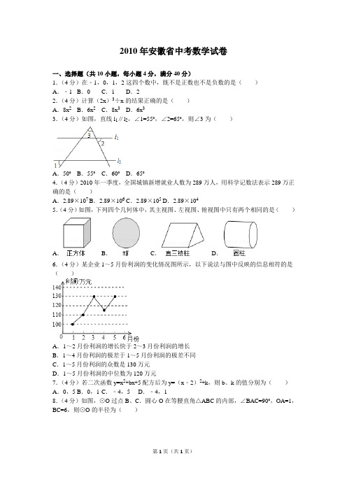 2010年安徽省中考数学试卷