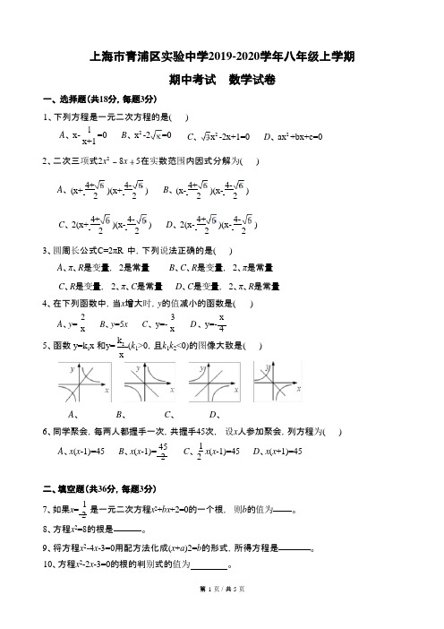 2019-2020年上海市青浦区实验中学八上期中 数学