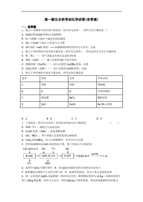 高一新生分班考试化学试卷(含答案)